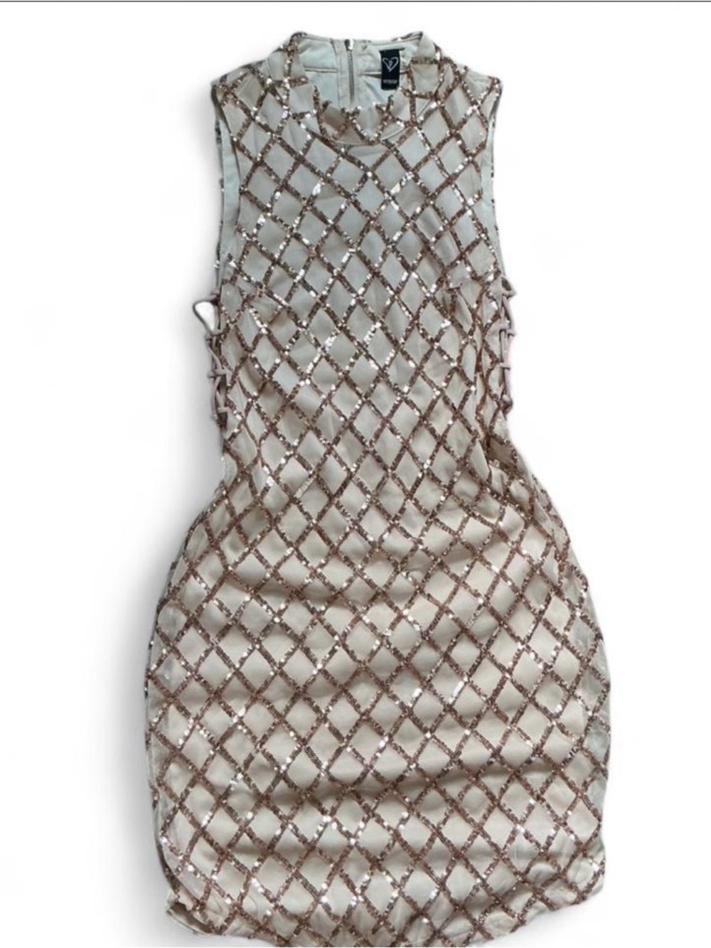 Windsor Beige Sheath Dress with Rose Gold Sequin Lattice